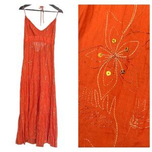 VTG ABS Allen Schwartz Orange Tiered Floral Sequin Halter Cotton Maxi Dress Sz10